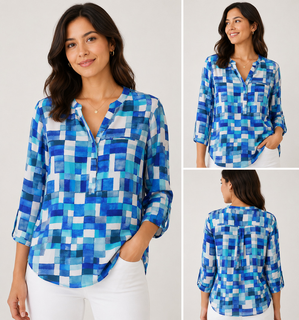 NYDJ Bridge over Water Blouse Blue White Check Top M Coastal Silky Career Casual